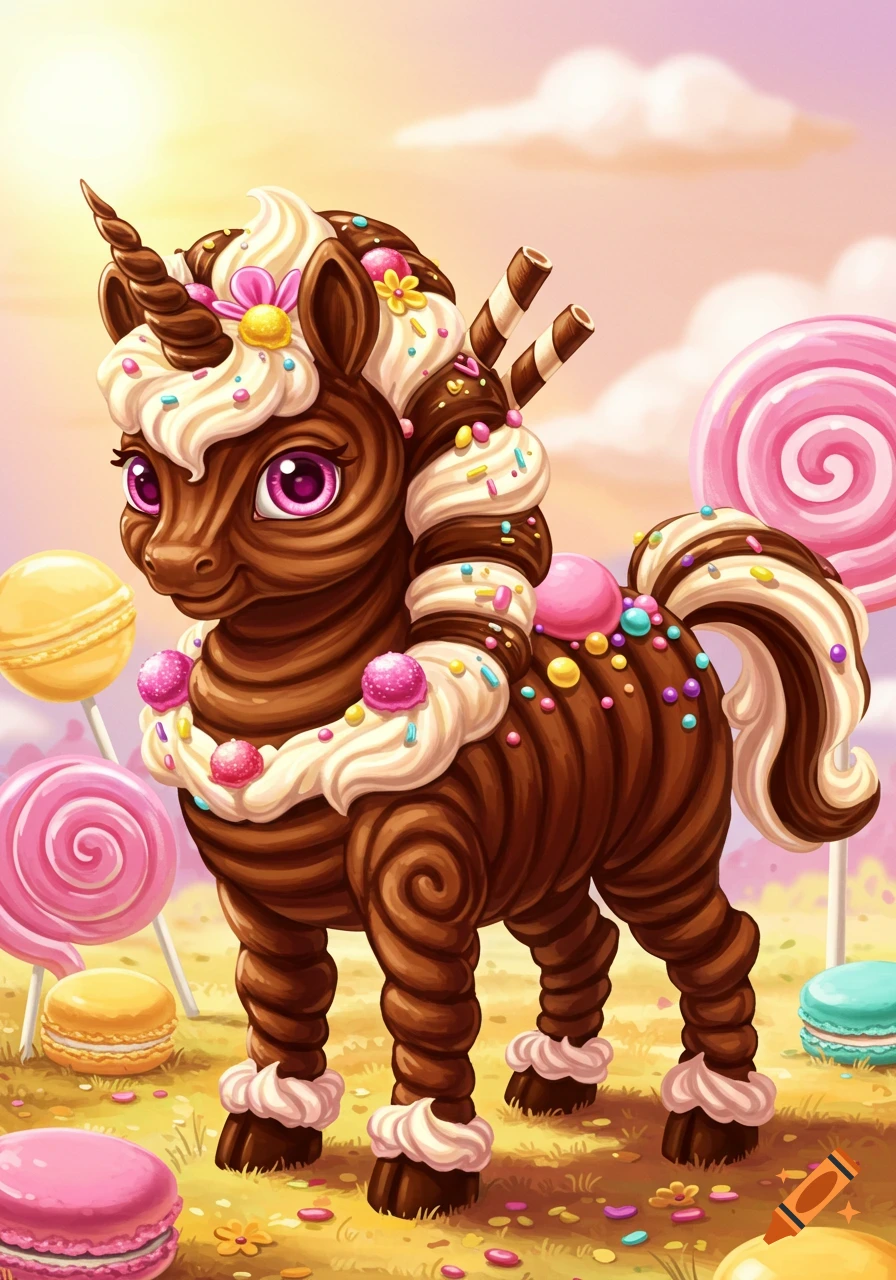 A whimsical dessert unicorn stands in a field of lollipops and macarons.