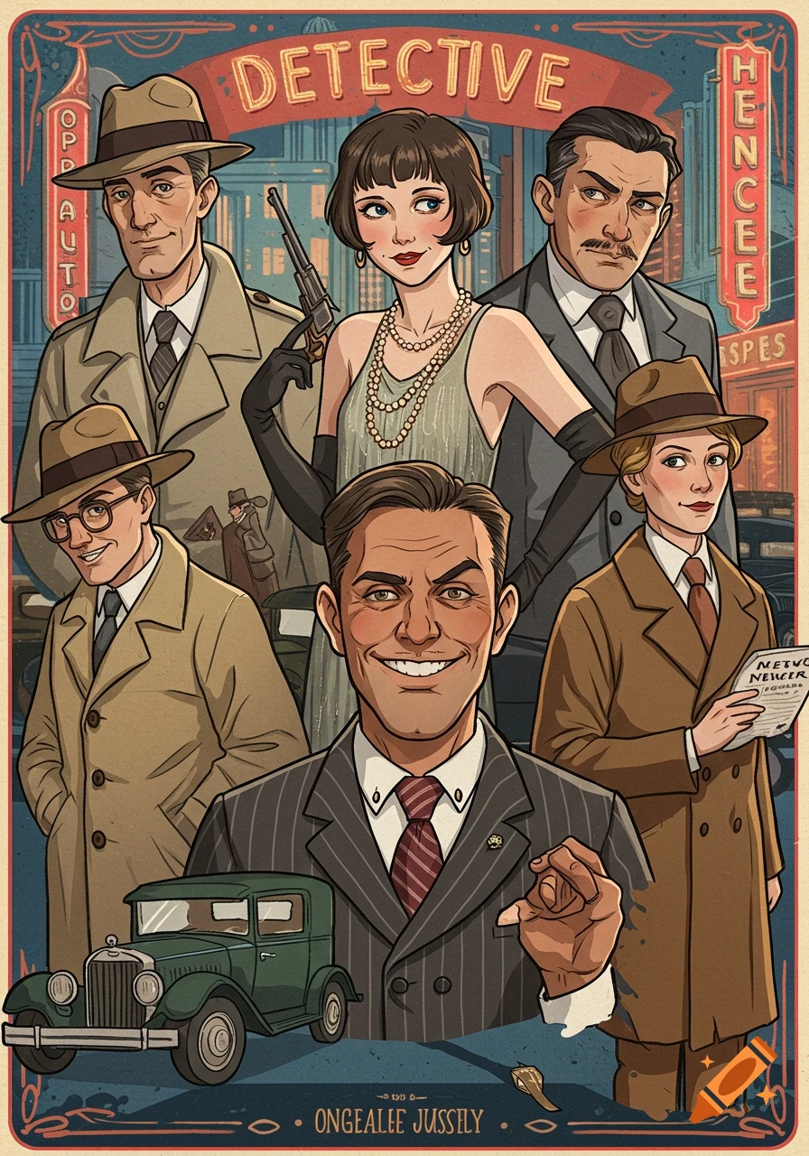 Illustration of characters in 1920s detective attire with a vintage car.