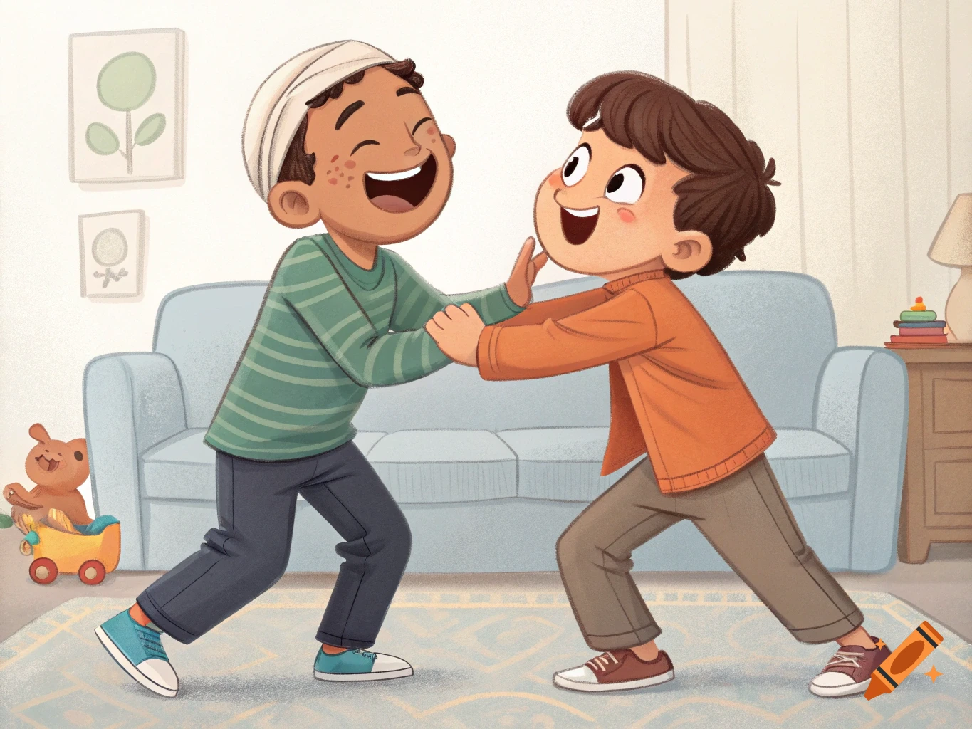 Two boys laughing and playing in a living room, illustration style.