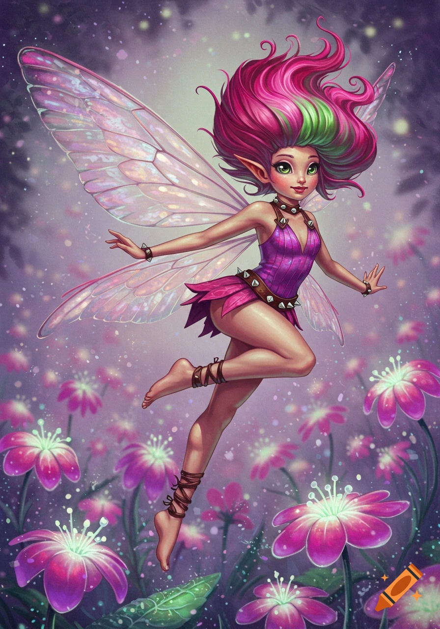 A colorful illustration of a pixie with pink and green hair and large ...