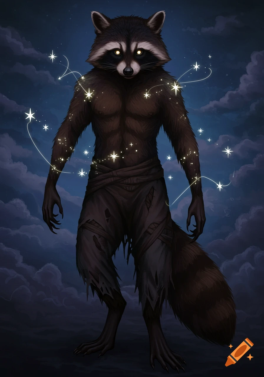 An anthropomorphic raccoon with glowing eyes stands under a night sky with stars and magic effects around it.