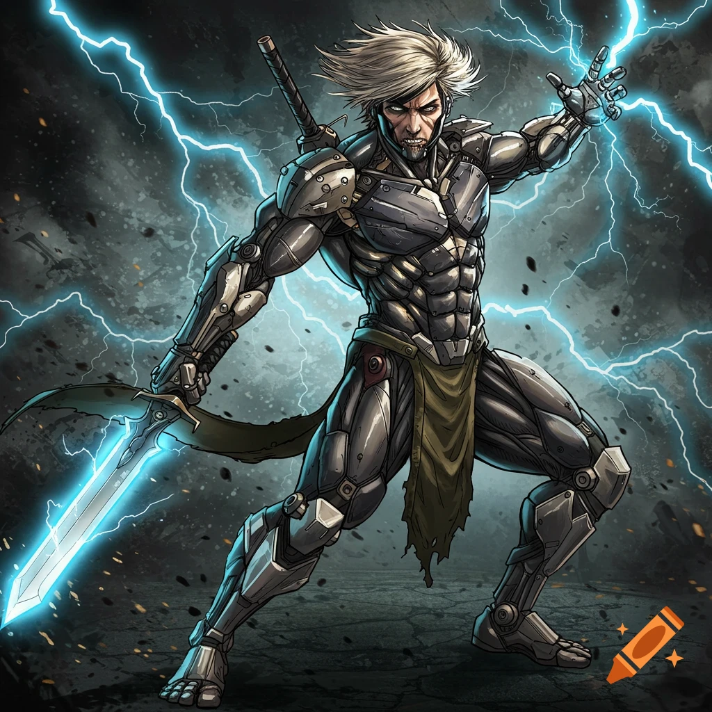 Stylized illustration of a cyborg ninja summoning lightning with a glowing sword.