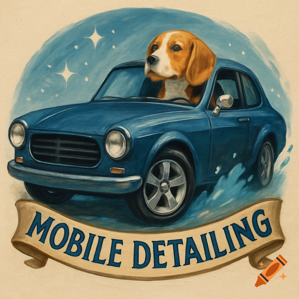 Illustration of a beagle dog driving a blue car with a banner reading MOBILE DETAILING