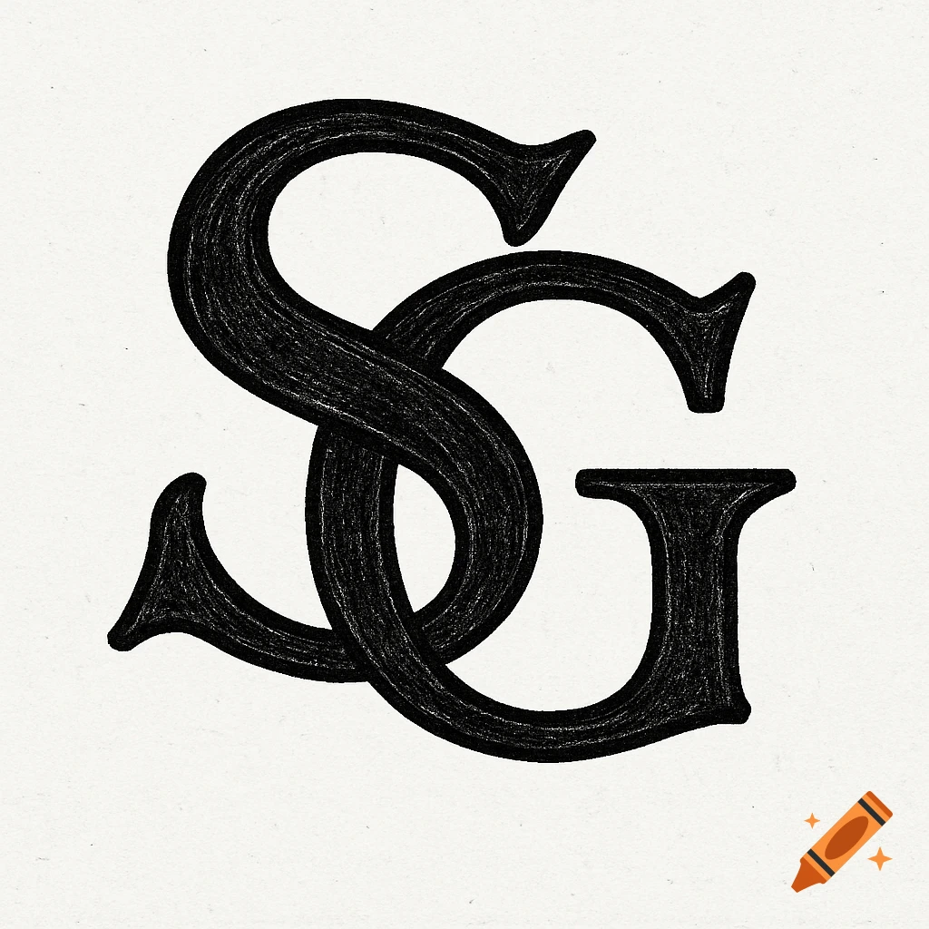 Black and white drawing of an SG monogram.