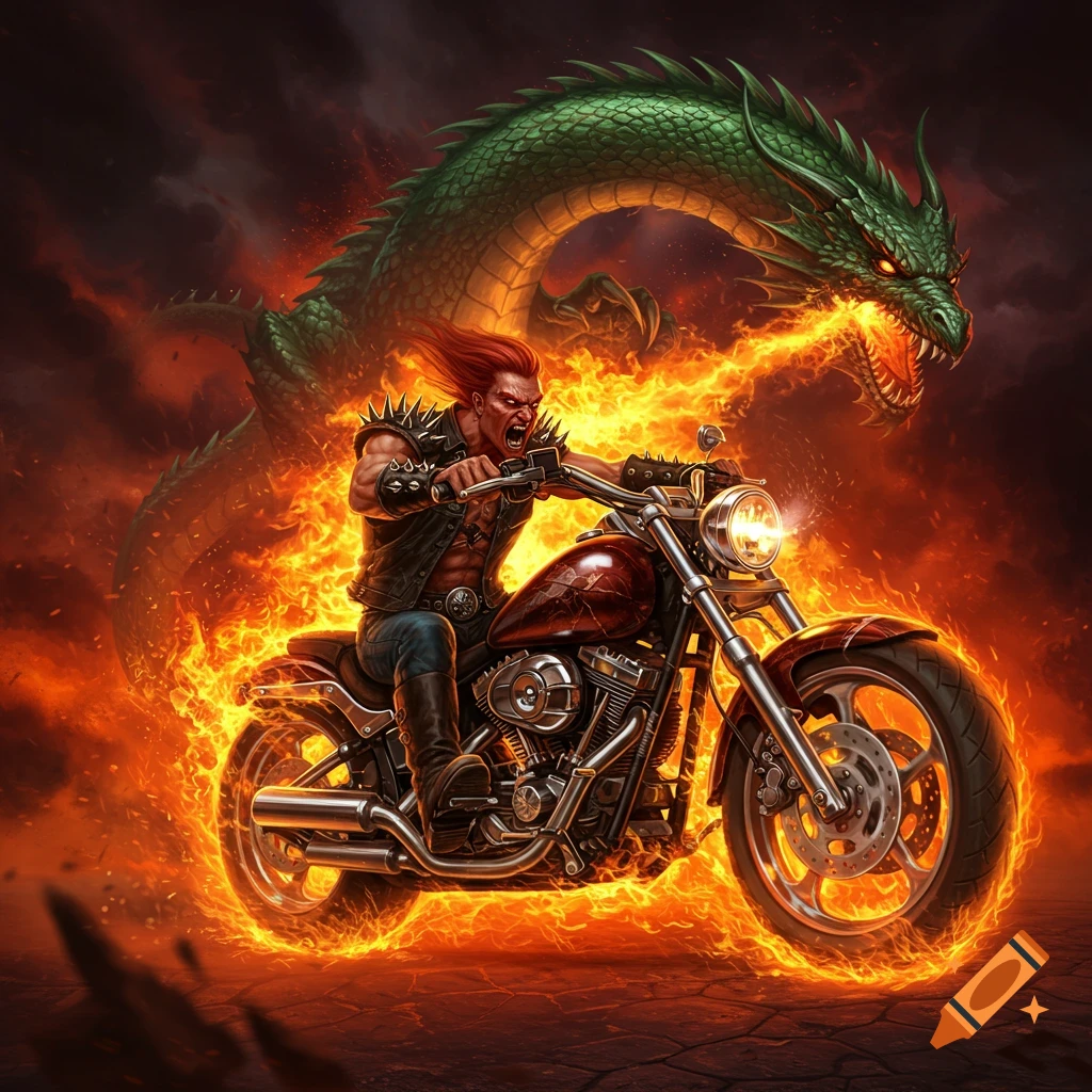 Illustration of a biker riding a motorcycle engulfed in fire with a large green dragon breathing fire behind him.