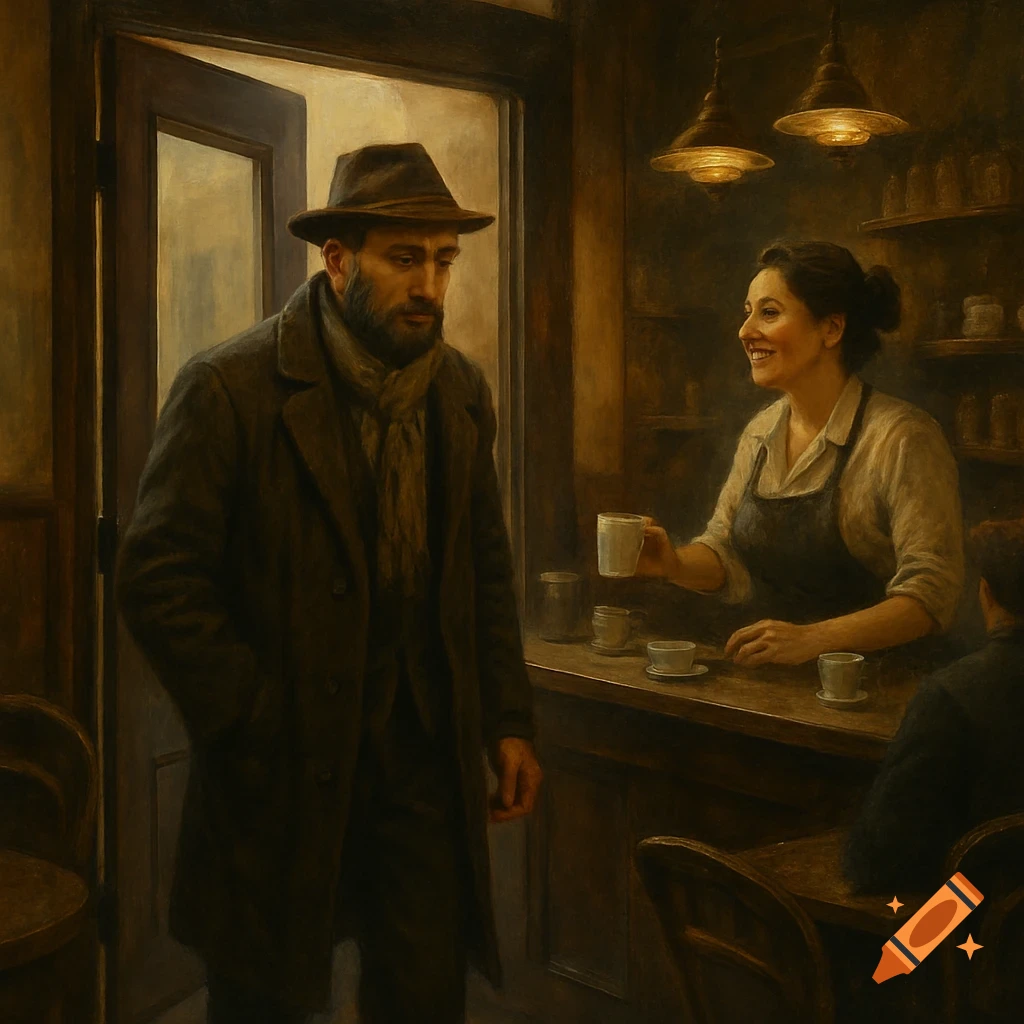 A man in a hat and coat enters a dimly lit cafe and is greeted by a smiling woman behind the counter, in a painting style.