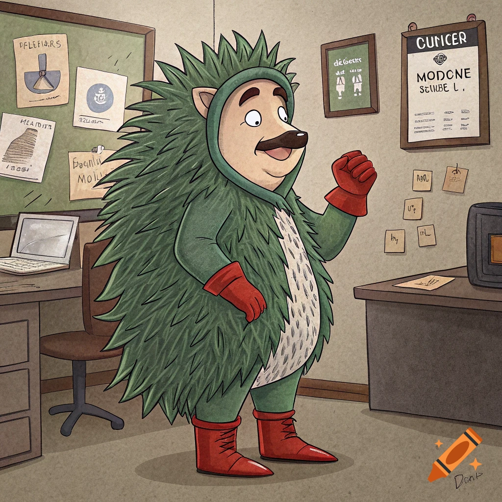 A person in a hedgehog costume with a mustache stands in a cartoon office.