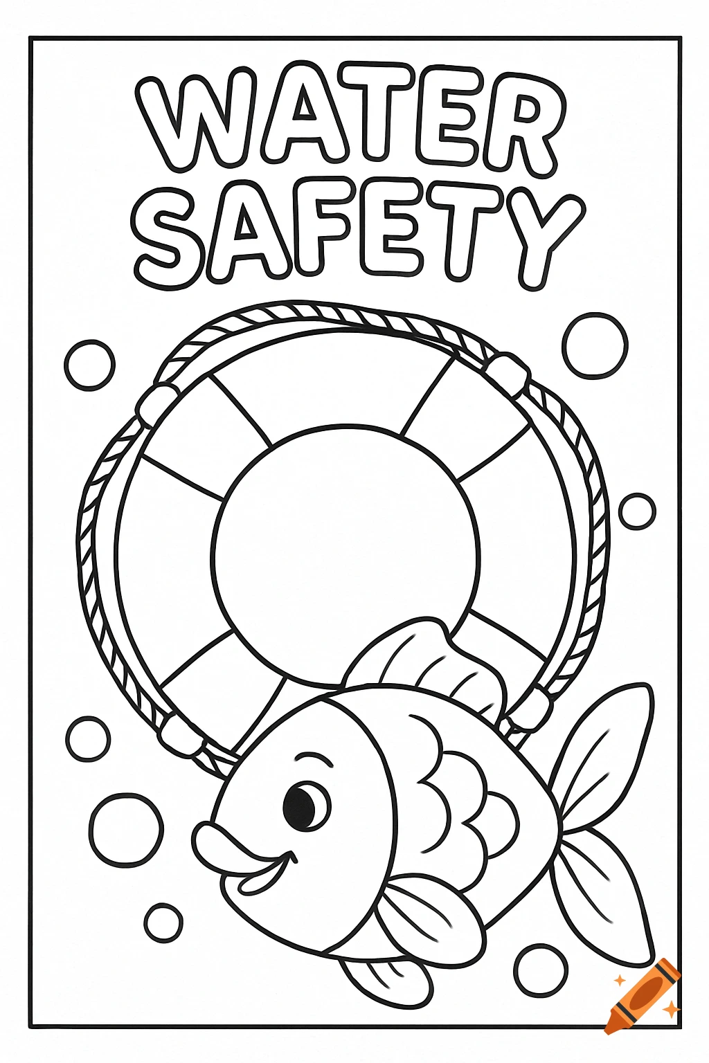 A black and white coloring page illustration featuring a cartoon fish, a life buoy, and the text "WATER SAFETY" above.