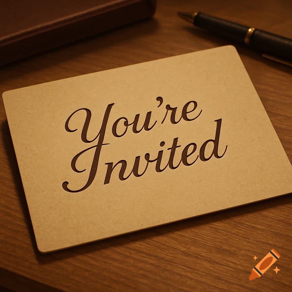 A brown invitation card with 'You're Invited' engraved, resting on a wooden desk next to a pen.