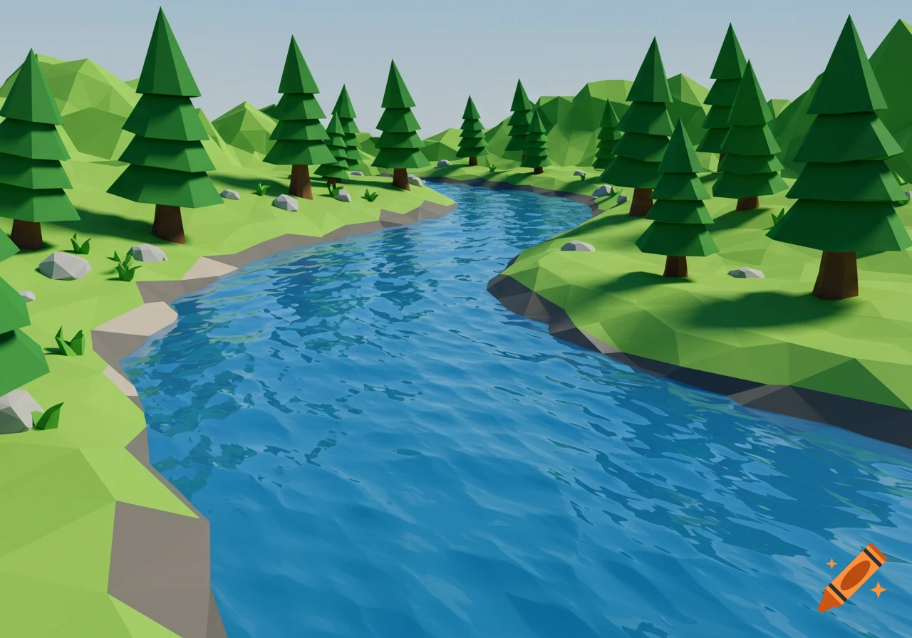 Low poly 3D rendering of a river flowing through a green landscape with trees