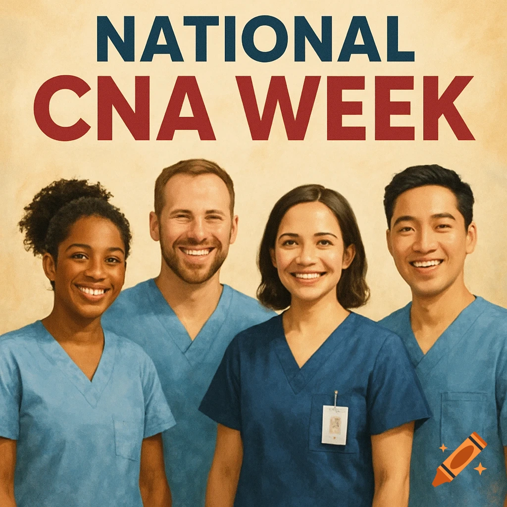 Four smiling healthcare workers in scrubs under text 'NATIONAL CNA WEEK'