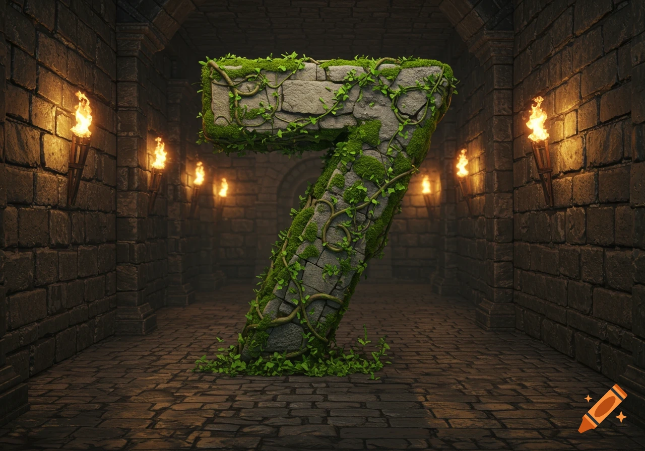 A large stone number seven covered in moss and vines stands in a fantasy dungeon with torches on the walls.
