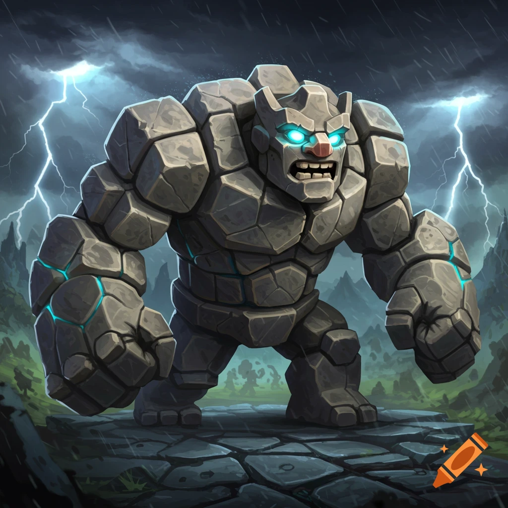 A stone golem stands in a stormy landscape with lightning.