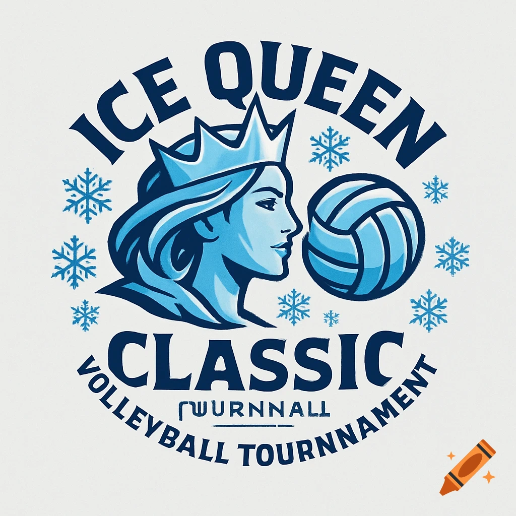 Logo for Ice Queen Classic Volleyball tournament with a woman wearing a crown, a volleyball, and snowflakes.