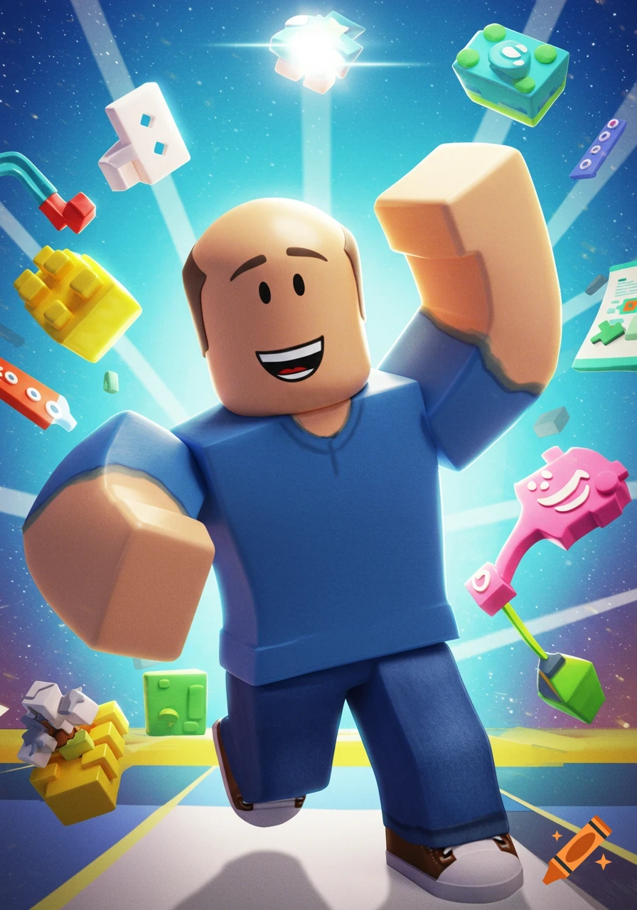 A smiling Roblox character resembling John Shedletsky is surrounded by colorful blocky objects in a bright sky.