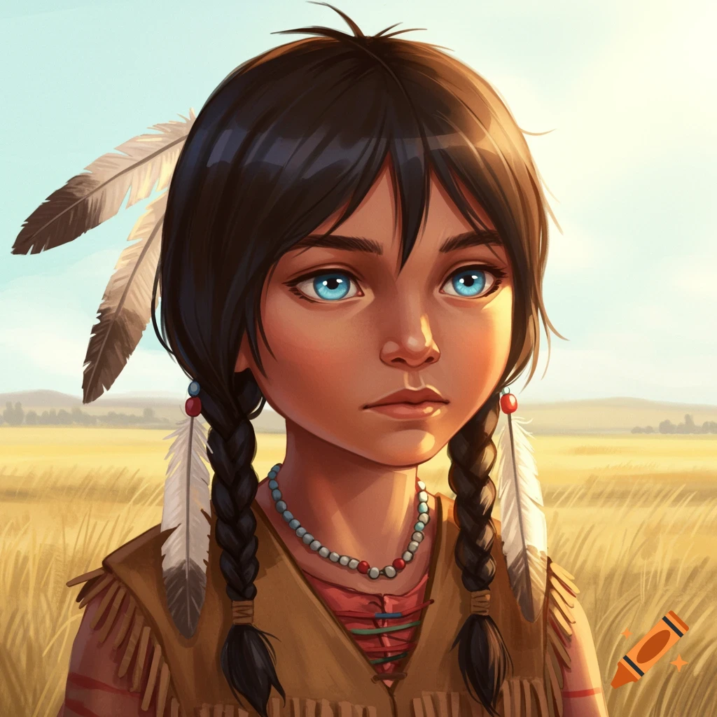 Portrait of a young Native American girl with blue eyes and feathers in her hair standing in a field.
