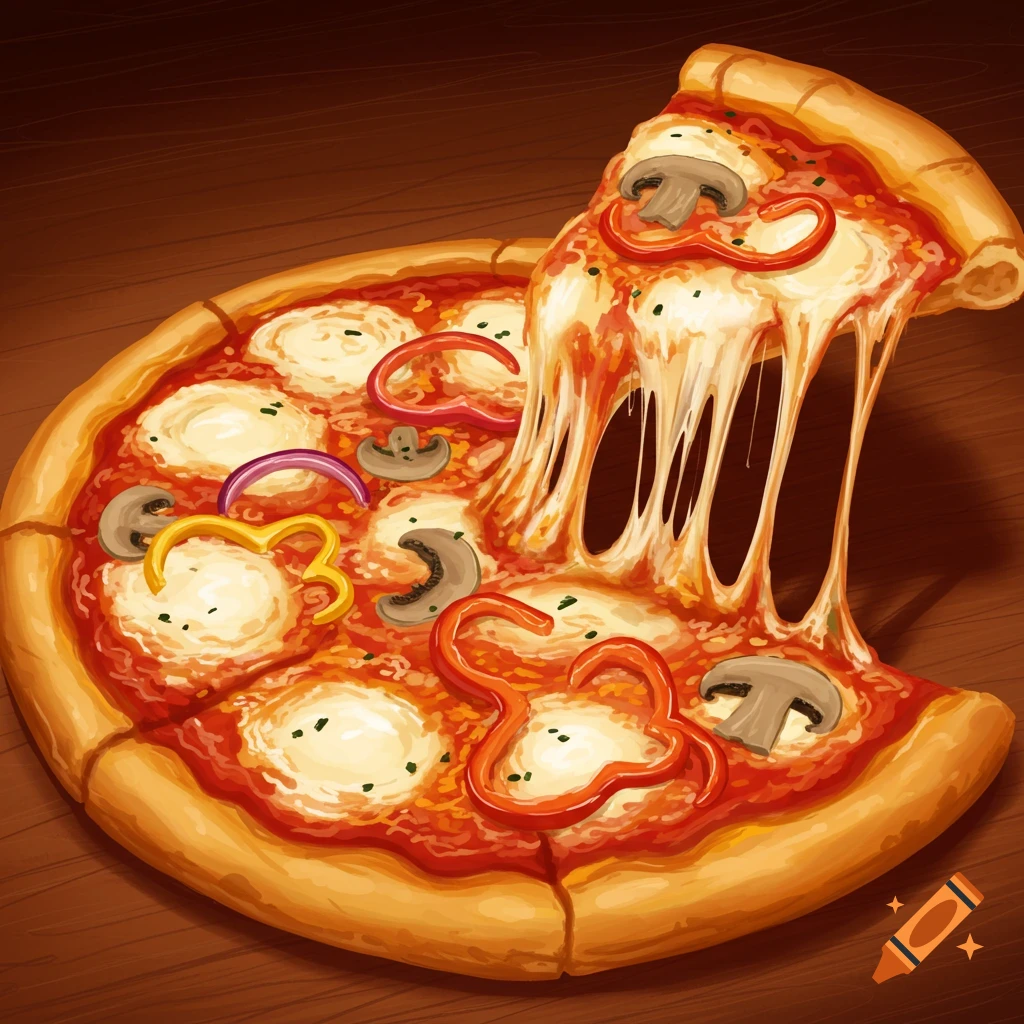 An illustration of a pizza with toppings, a slice lifted showing melted cheese.