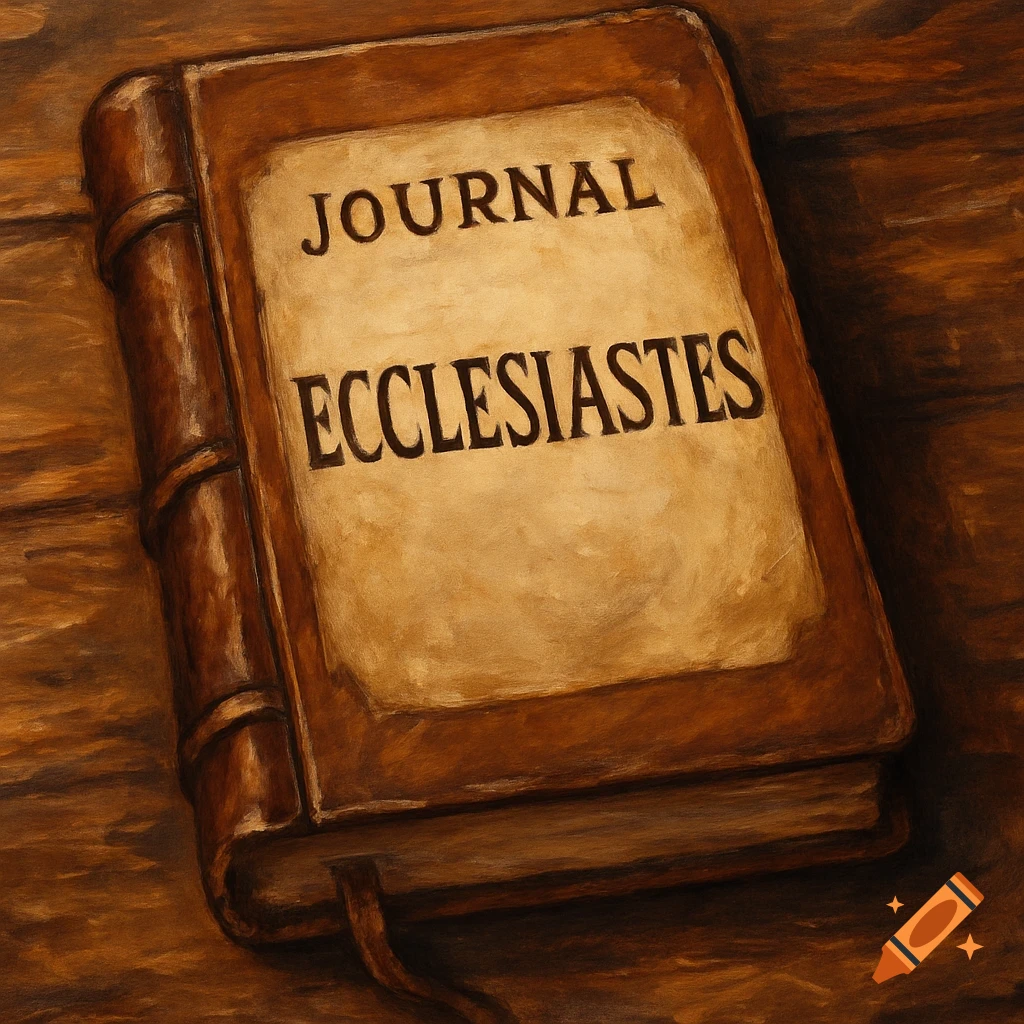 Old leather-bound journal with 'JOURNAL ECCLESIASTES' on the cover, on a wooden surface, in a painterly style.
