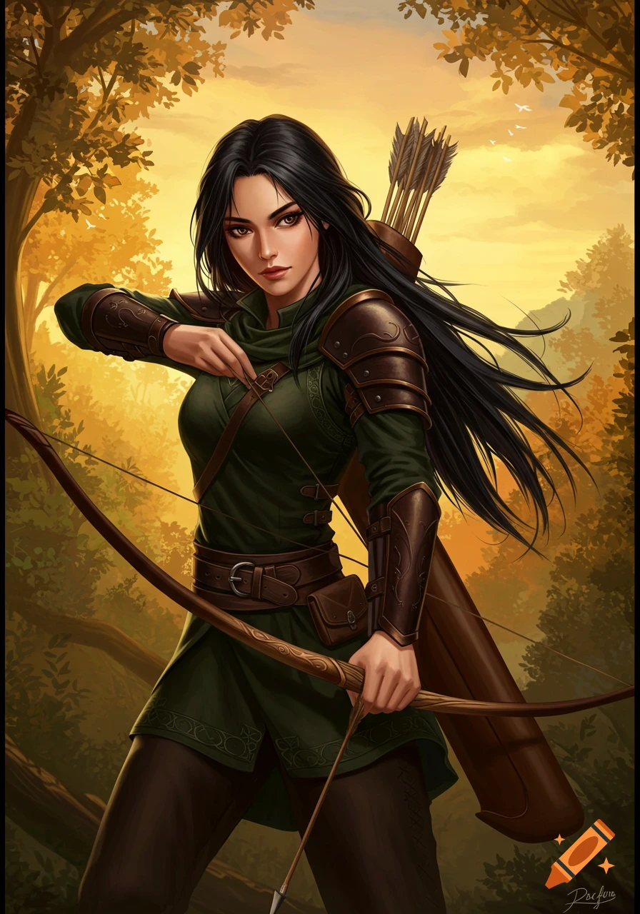 A woman archer with long black hair draws a bow in a forest setting, digital painting style.