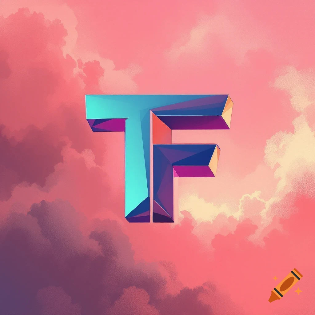 A stylized, faceted blue and purple TF logo against a vibrant pink cloudy sky.