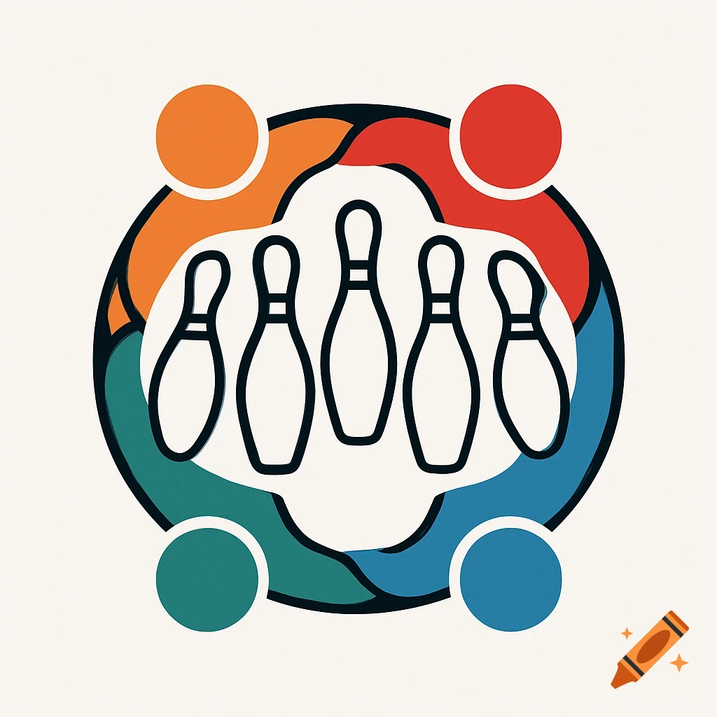 Abstract logo with bowling pins inside a circle formed by shapes.