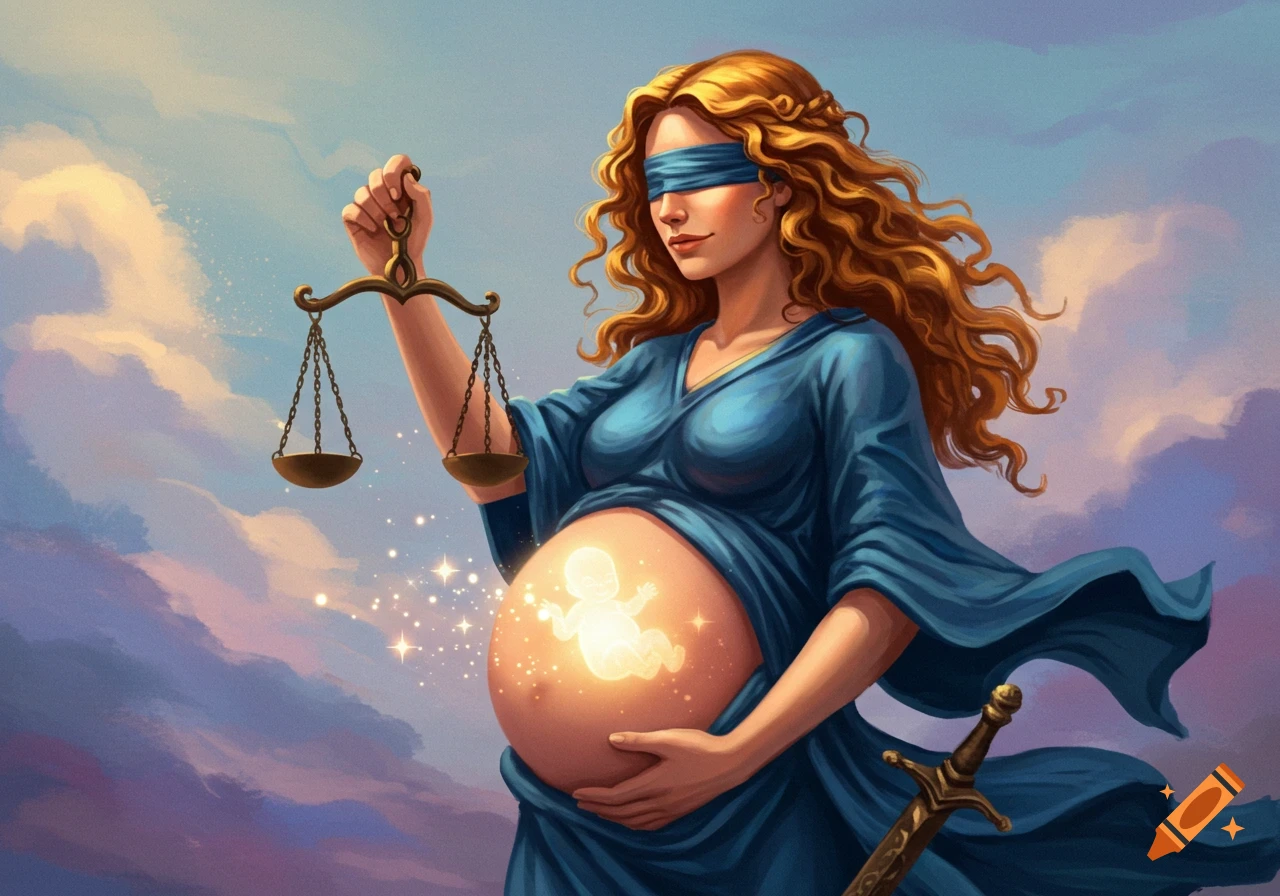 Blindfolded pregnant Lady Justice holds scales with a glowing baby in her belly, sword by her side against a stormy sky, digital painting style.