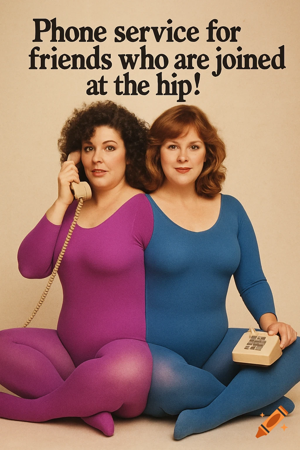 Two women in purple and blue leotards and tights sit cross-legged, appearing joined at the hip, one on a phone. Text reads 'Phone service for friends who are joined at the hip!'.