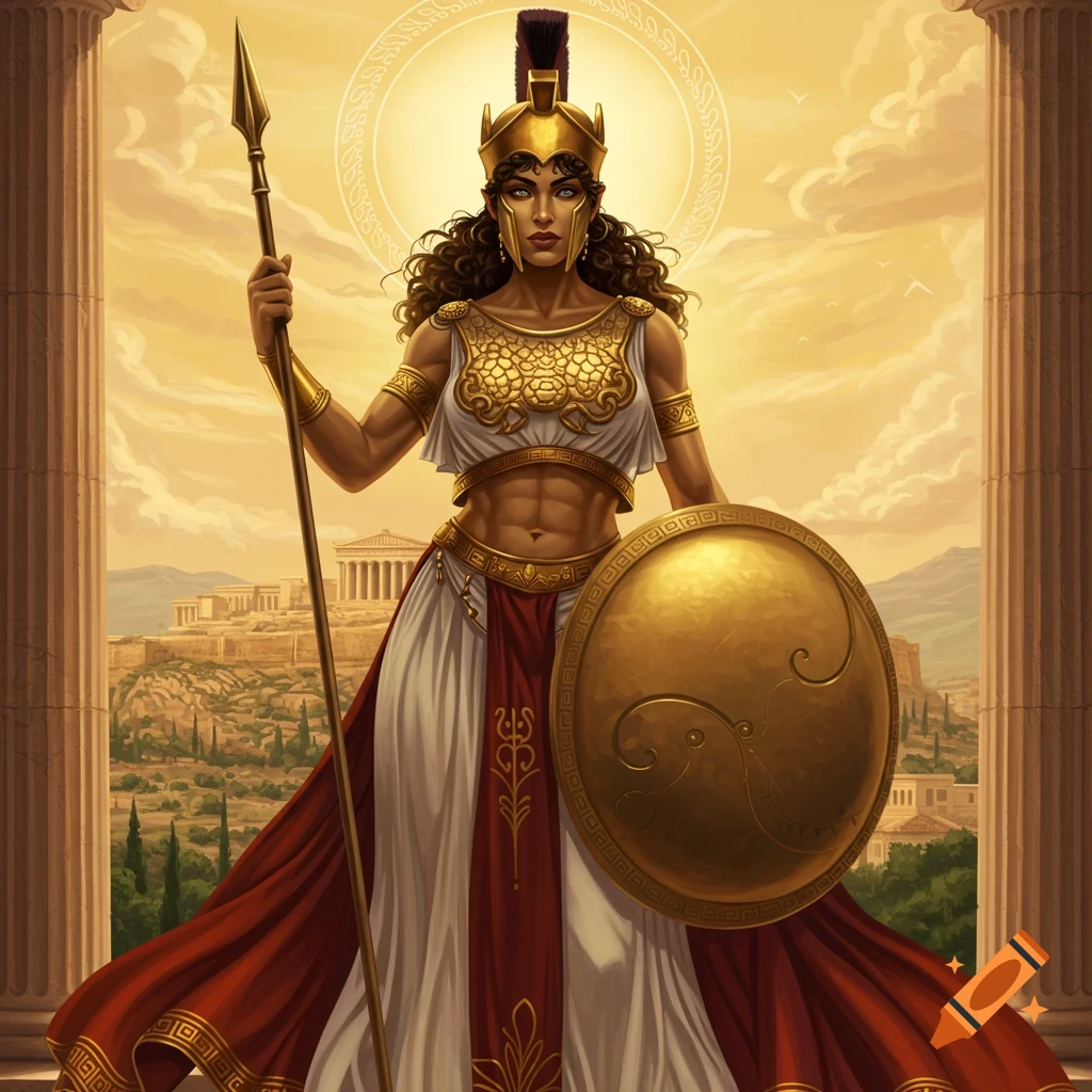 A powerful depiction of Athena in golden armor, holding a spear and shield, standing before the Acropolis.