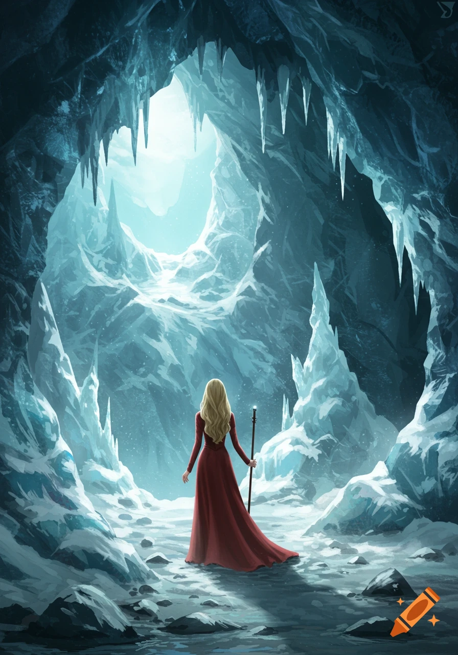 Woman in red dress with staff in vast icy cave