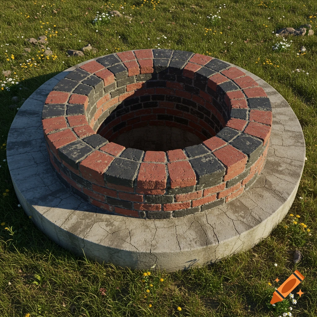A close-up of a fire pit or well made with red and black checkerboard bricks on a concrete base in a garden.