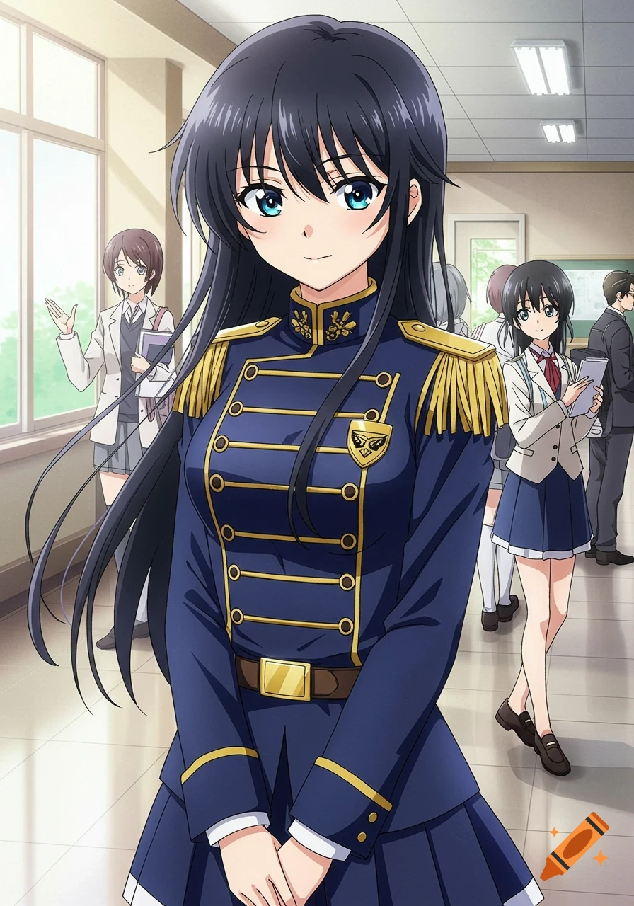 An anime girl in a blue military-style uniform stands in a classroom.
