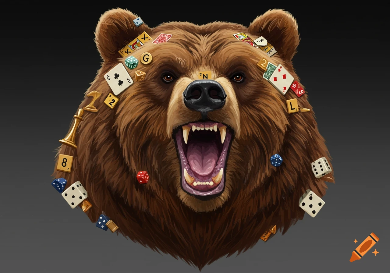 Illustration of a growling bear head decorated with scrabble tiles, dice, and playing cards.