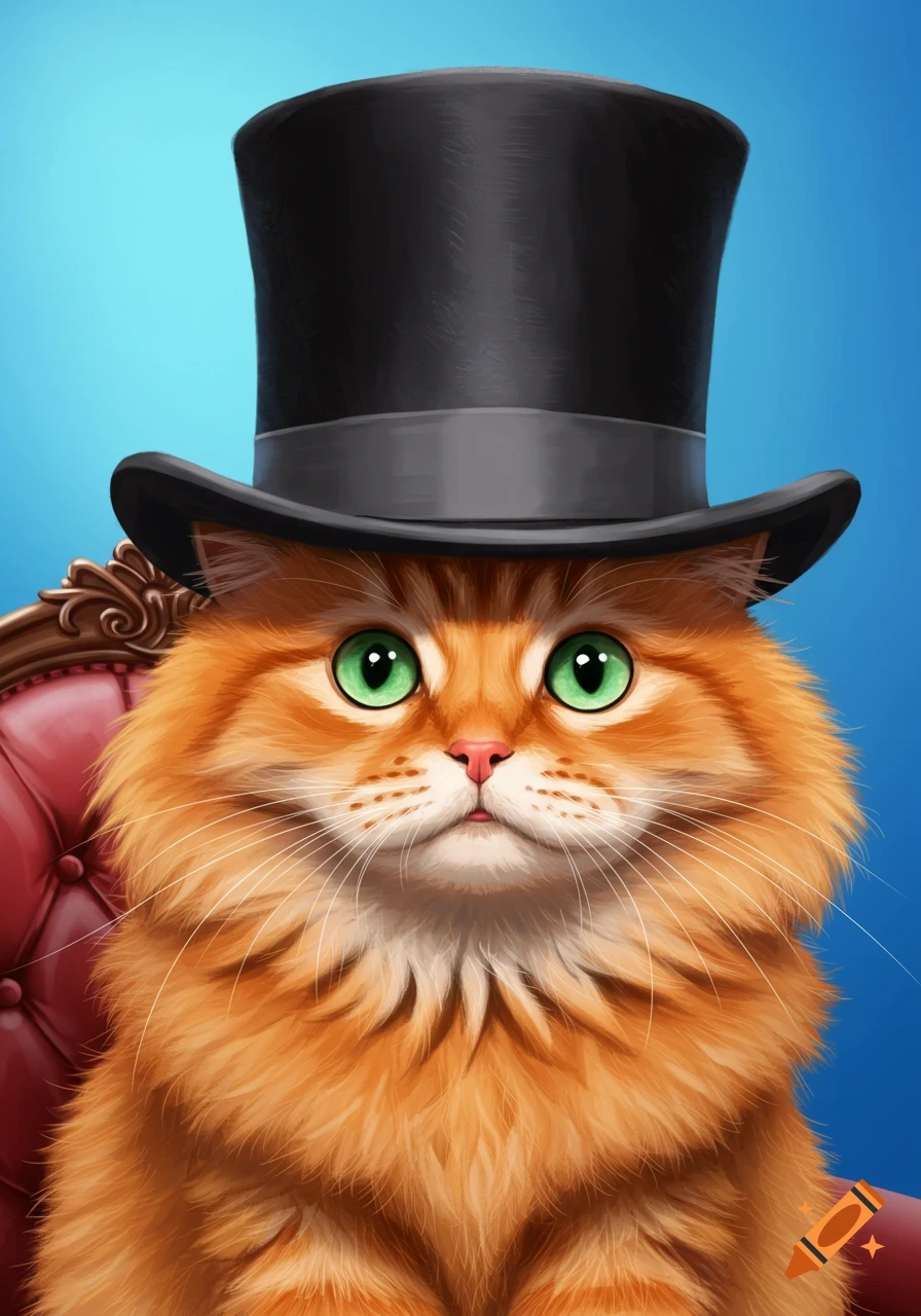 A fluffy orange cat wearing a black top hat.