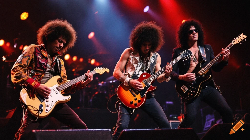 Three musicians with large afro hairstyles play electric guitars on a stage illuminated by red and white lights.