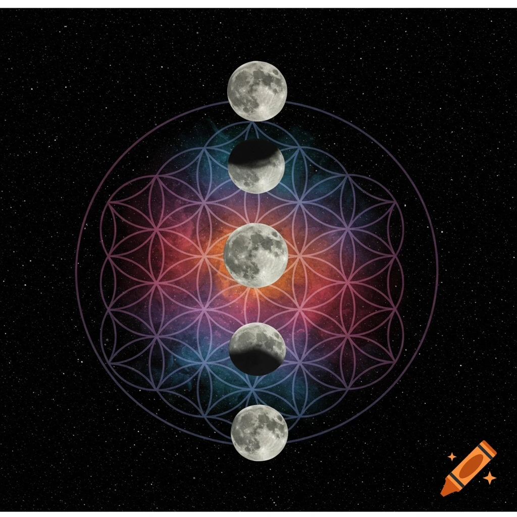 Five moons in different phases stacked vertically over a colorful flower of life symbol in space