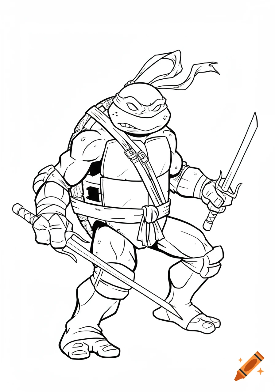 Black and white line art of Raphael from TMNT holding sai, in a coloring book style