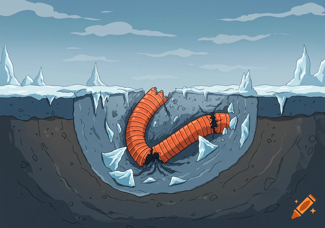 Cartoon illustration of a broken orange pipe buried in frozen ground with ice shards.