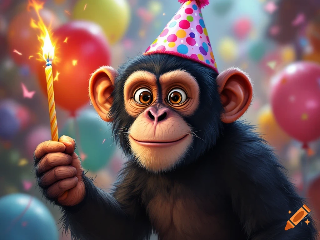 Cartoon monkey in a party hat holding a lit birthday candle amidst balloons and confetti.