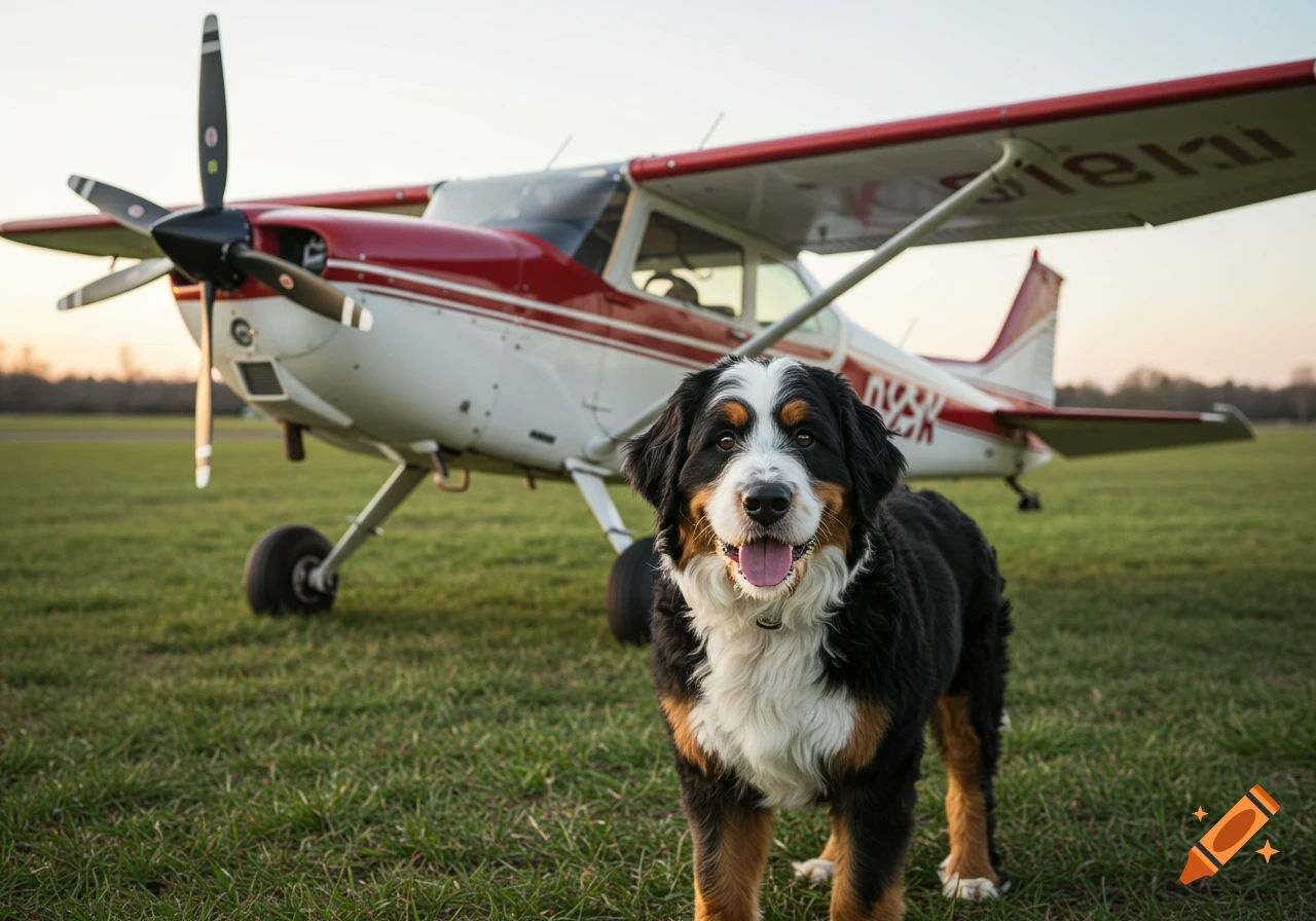 A Bernedoodle dog sits in front of a Cessna airplane on a grassy field at sunset.