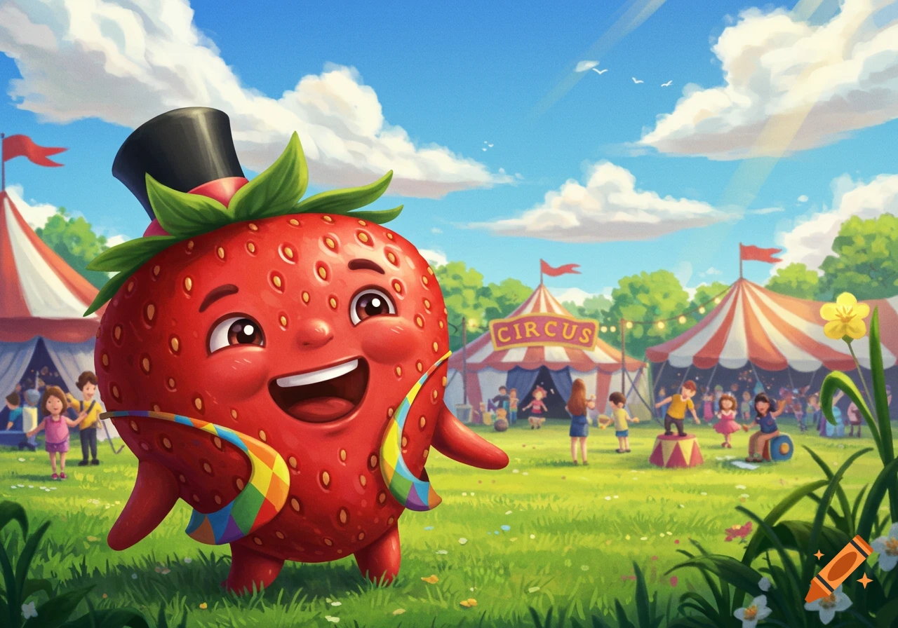 A cheerful anthropomorphic strawberry wearing a top hat stands in front of a circus tent.