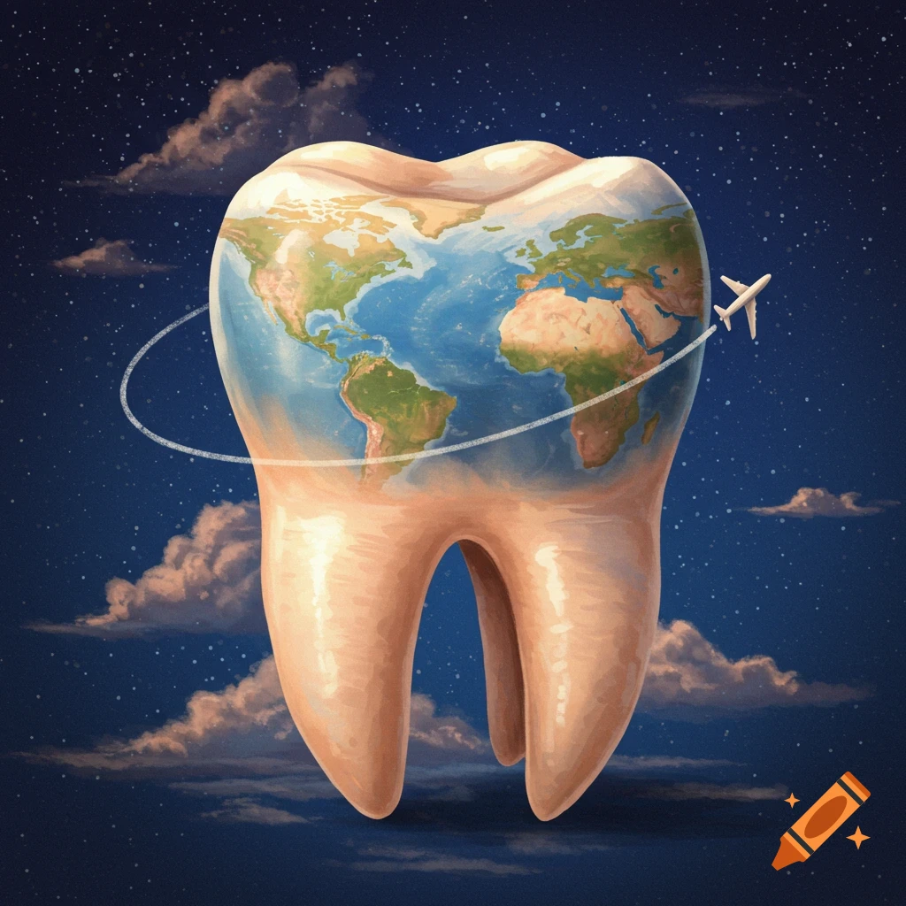 Illustration of a molar tooth shaped like the Earth with an airplane circling it in a starry night sky.
