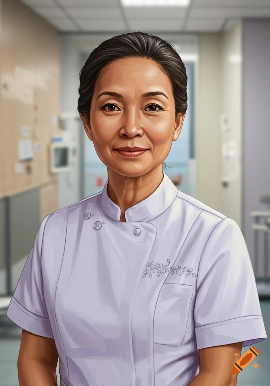 Portrait of an older Asian woman in a nurse uniform standing in a hospital hallway.