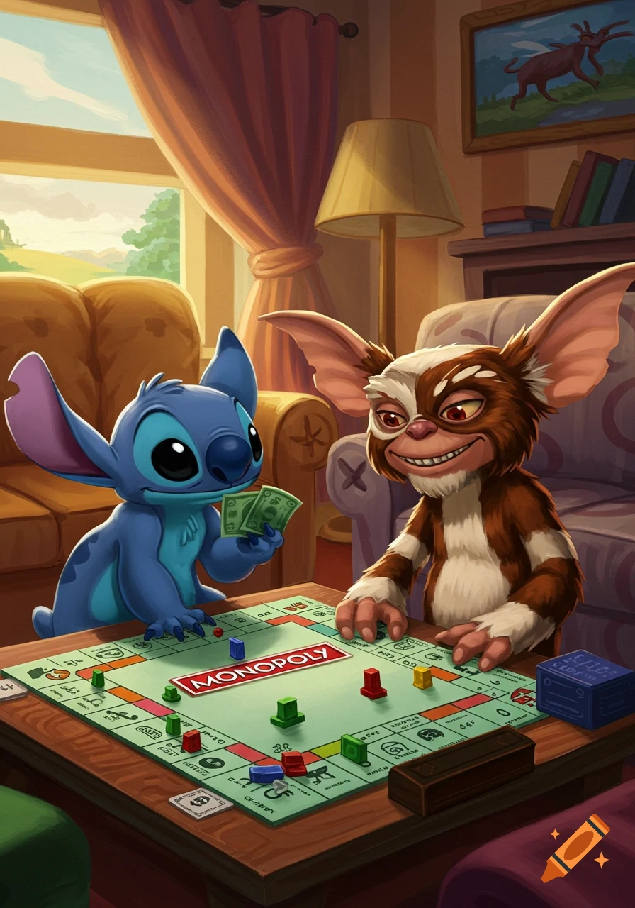 Stitch and a Gremlin play Monopoly at a table in a living room, digital illustration.