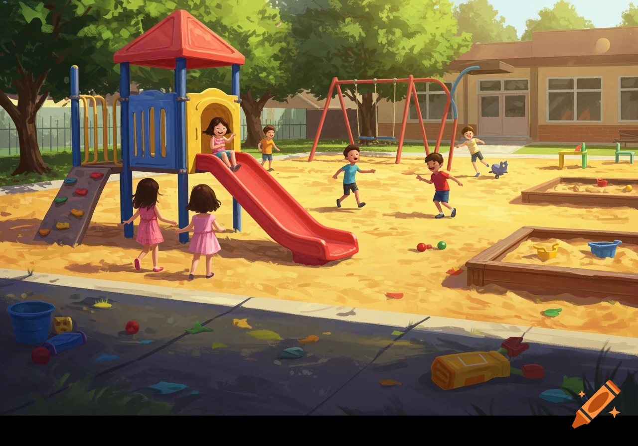 Illustrated scene of kids playing tag on a sunny school playground.