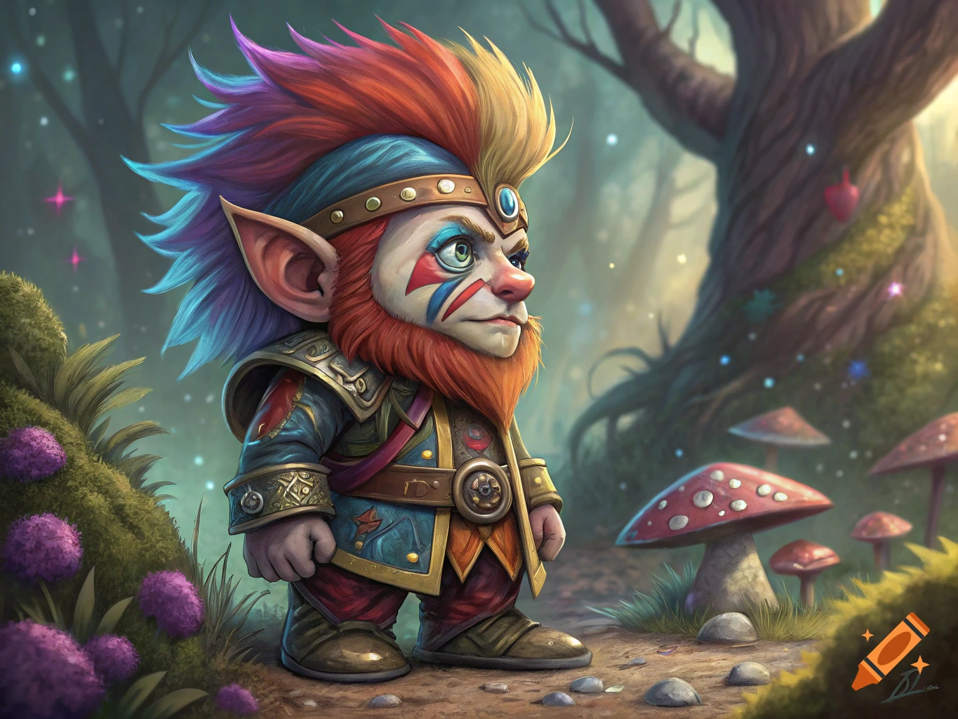 A fantasy illustration of a colorful gnome with face paint and spiky hair standing in a forest.