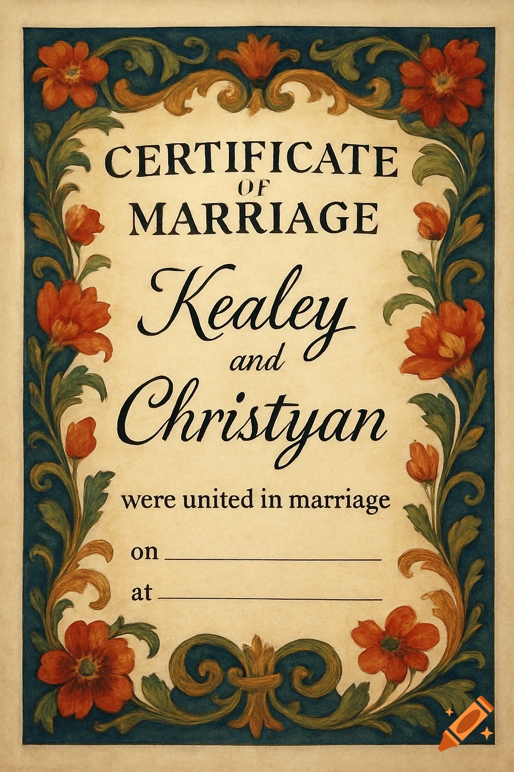 Marriage certificate with floral border and names Kealey and Christyan.