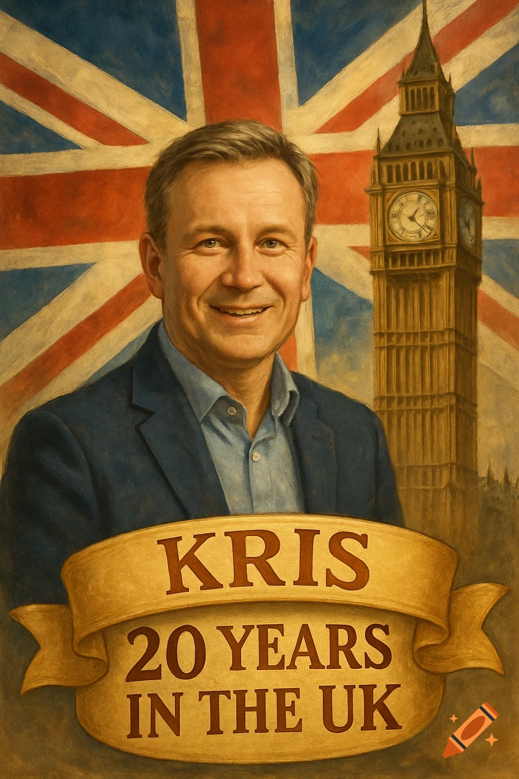 Painting of a man smiling in front of a Union Jack flag and Big Ben, with a banner below.