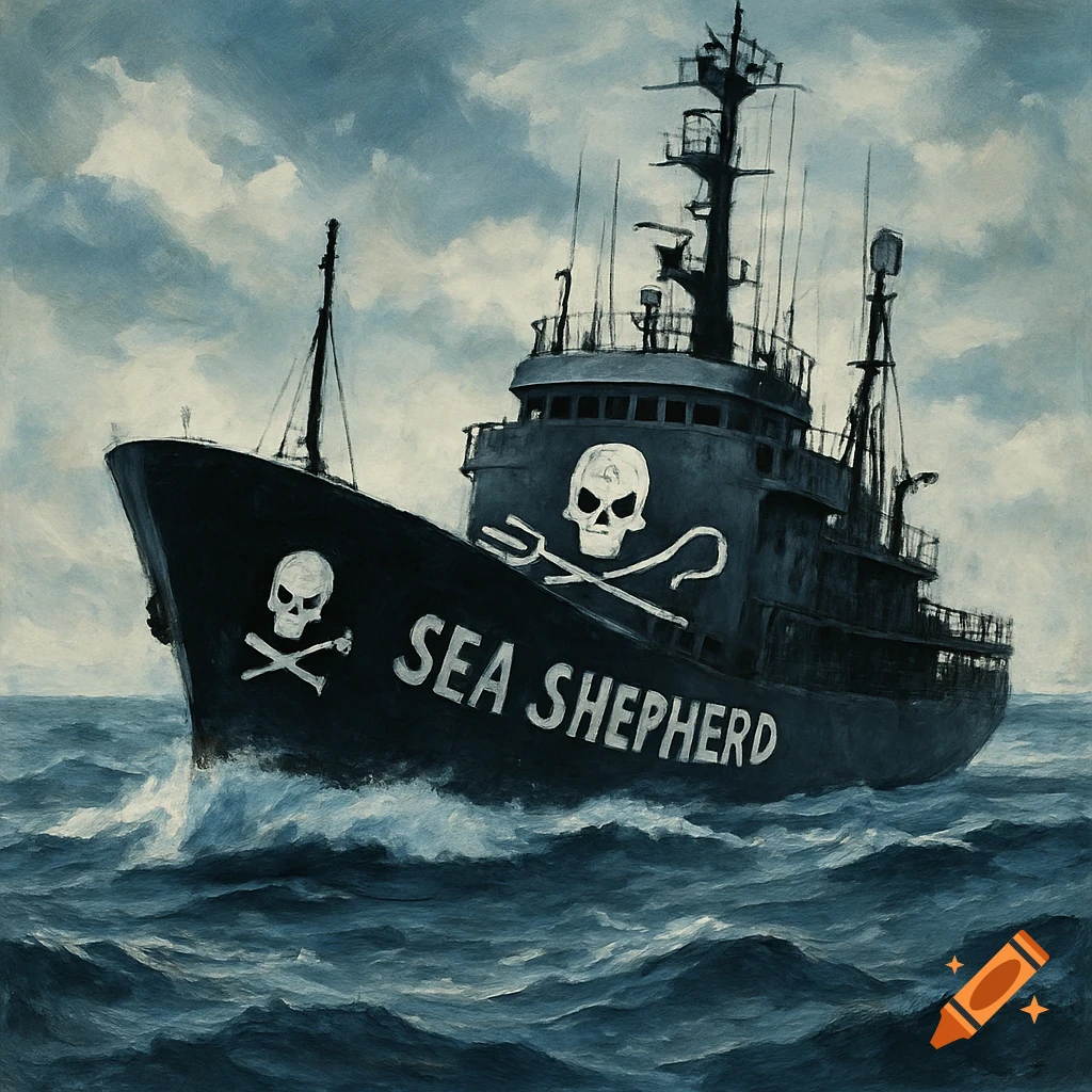 A painting of a dark ship labeled "SEA SHEPHERD" with skull and trident logos sailing on the sea.