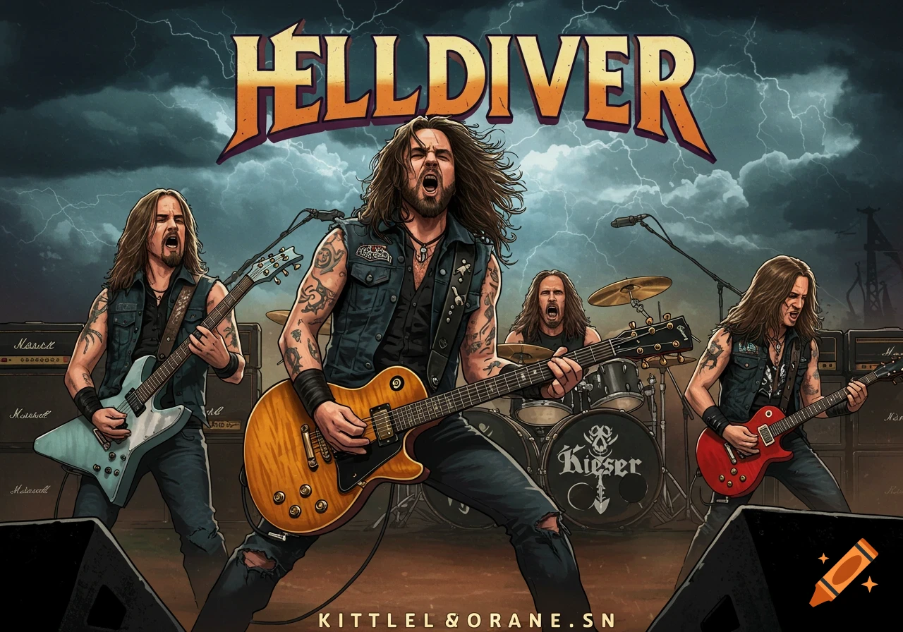 An illustration of a heavy metal band playing on stage under a stormy sky with lightning.