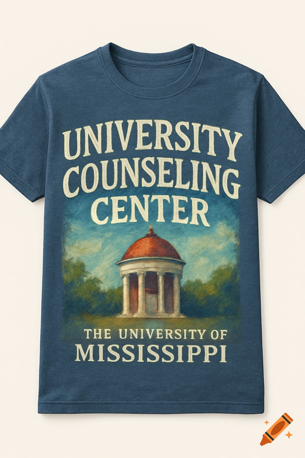 Blue t-shirt with an illustration of a classical building and text saying University Counseling Center and The University of Mississippi.